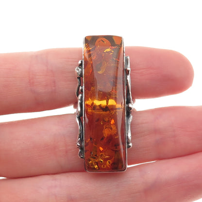 925 Sterling Silver Vintage Real Amber Modernist Oxidized Ring Size 6.5