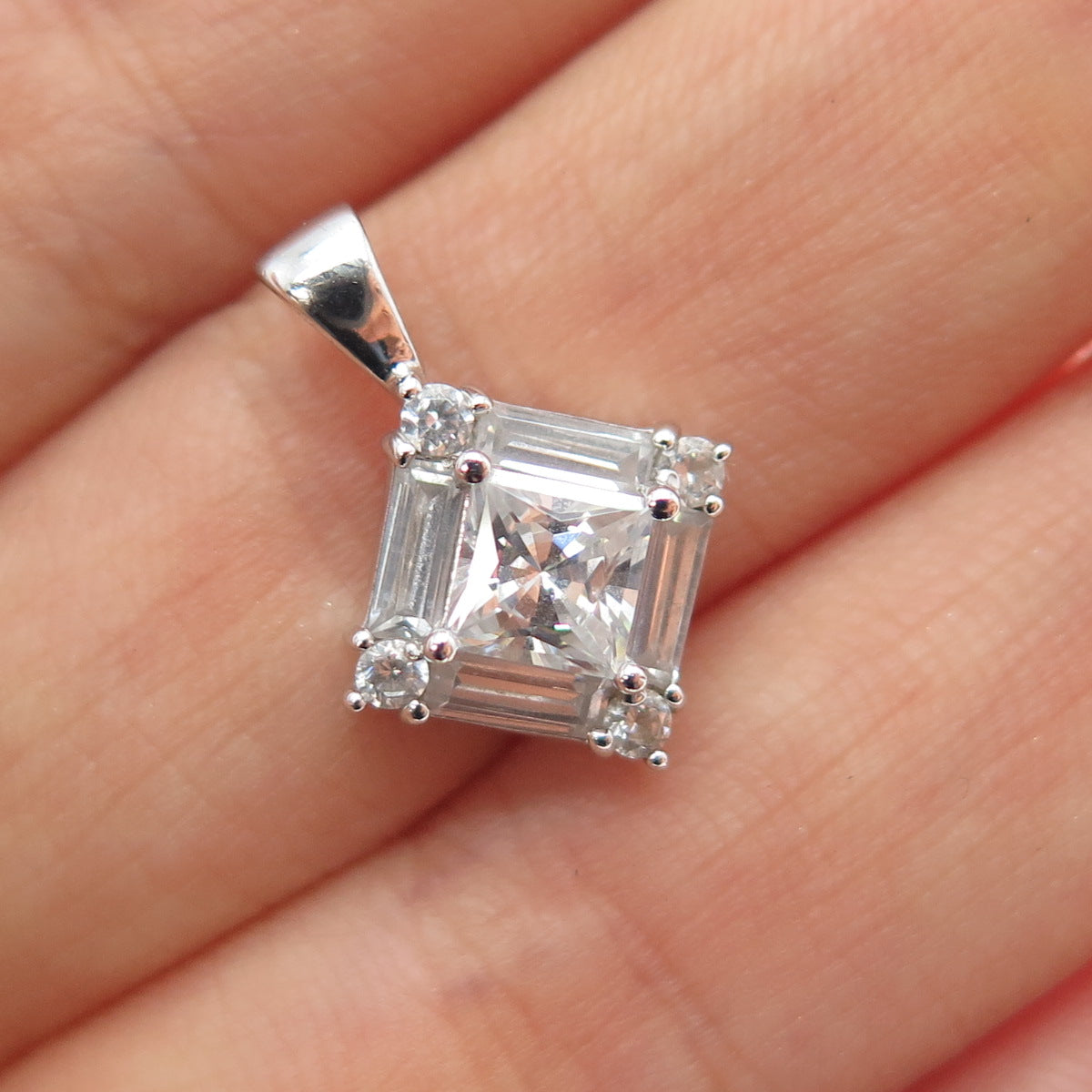 925 Sterling Silver Princess Baguette & Round-Cut C Z Minimalist Charm Pendant