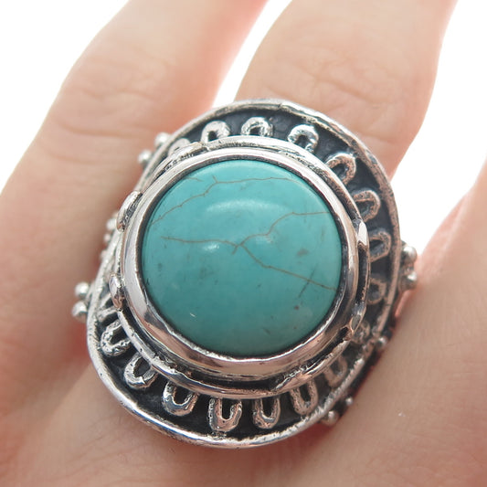 925 Sterling Silver Vintage Real Mountain Turquoise Sun Oxidized Ring Size 10.25