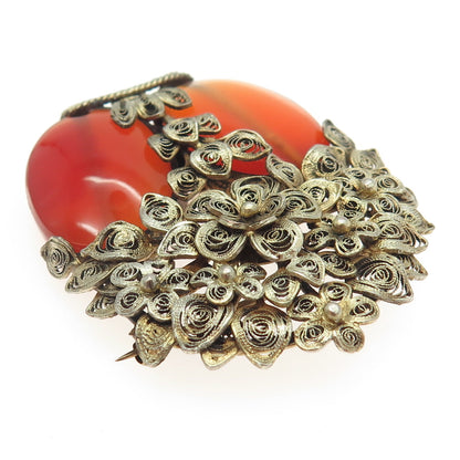 925 Sterling Silver Gold Plated Antique Art Deco Agate Filigree Floral Brooch