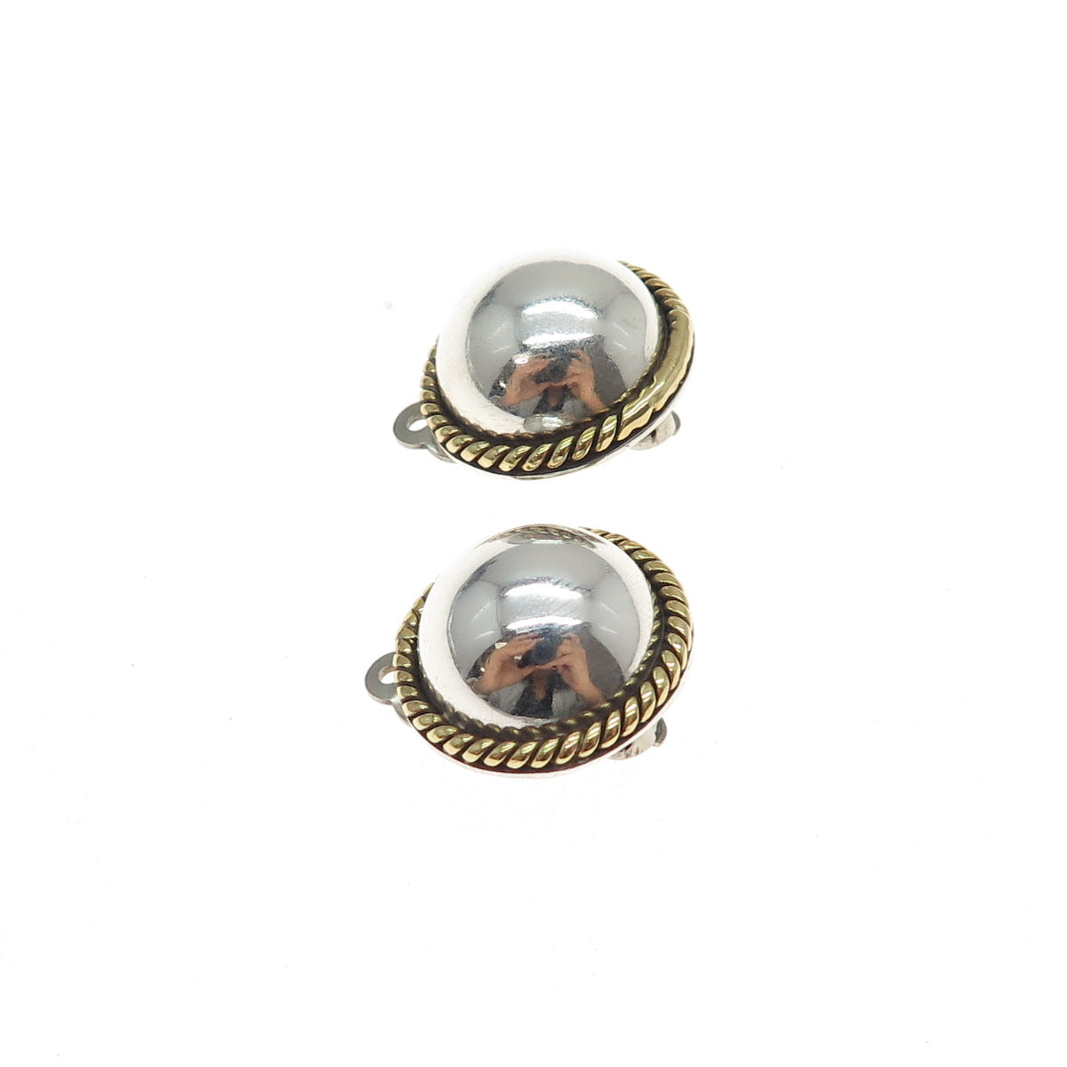 925 Sterling Silver 2-Tone Vintage Mexico Modernist Dome Clip On Earrings