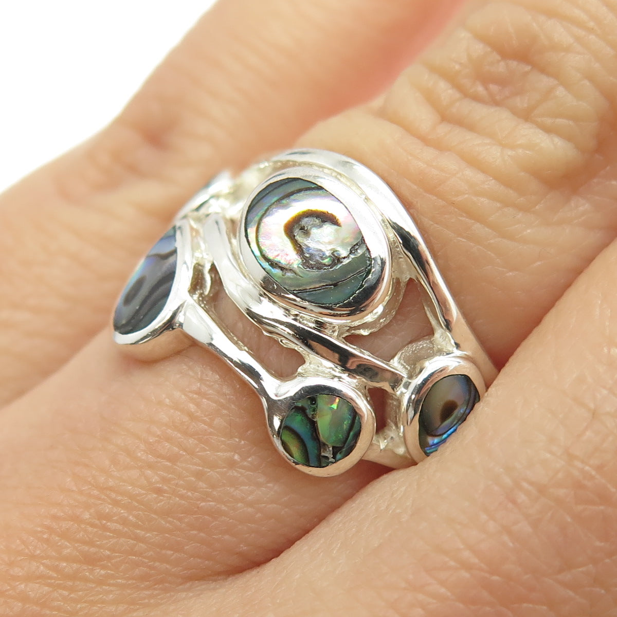 925 Sterling Silver Real Abalone Shell Modernist Ring Size 5.75