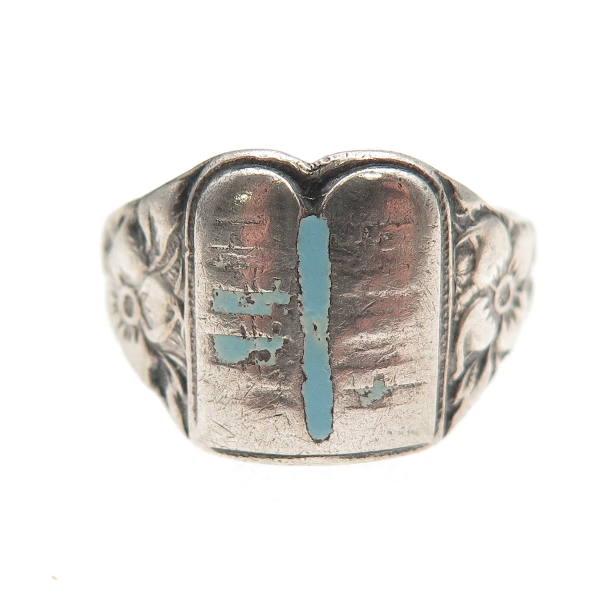 925 Sterling Silver Antique Art Deco Enamel Torah Judaica Oxidized Ring Size 8.5