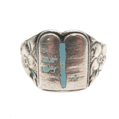 925 Sterling Silver Antique Art Deco Enamel Torah Judaica Oxidized Ring Size 8.5