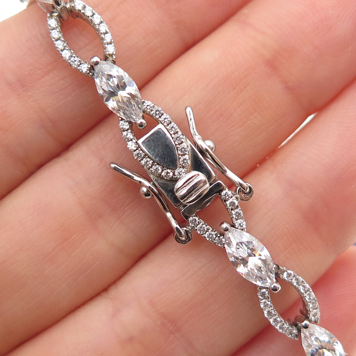 925 Sterling Silver Marquise & Round-Cut C Z Bracelet 6.75"