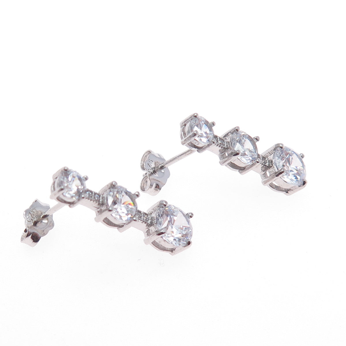 925 Sterling Silver Graduated Round-Cut C Z Drop Earrings