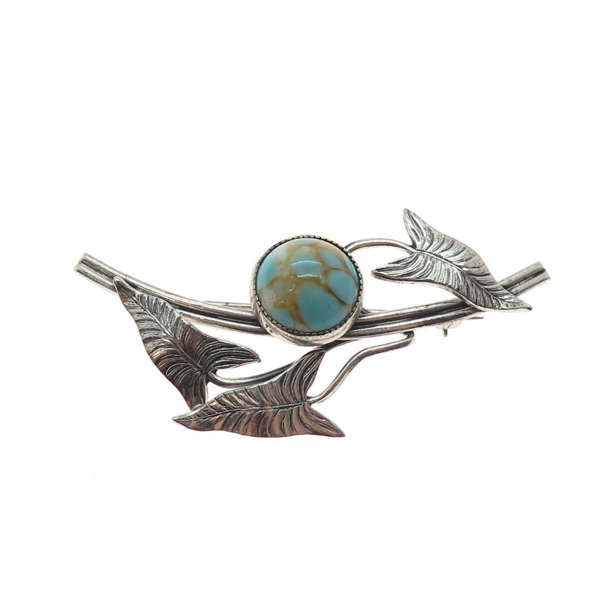 DANECRAFT 925 Sterling Silver Vintage Faux Turquoise Floral Leaf Pin Brooch