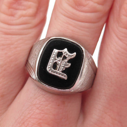 VARGAS Sterling Silver Antique Art Deco Real Black Onyx Letter E Ring Size 11
