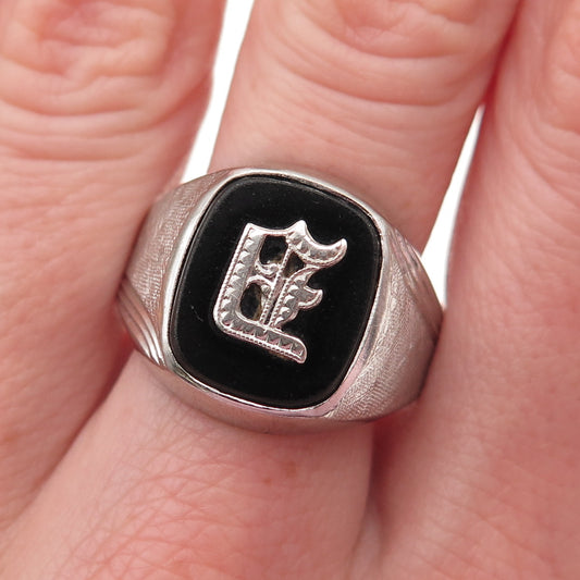 VARGAS Sterling Silver Antique Art Deco Real Black Onyx Letter E Ring Size 11