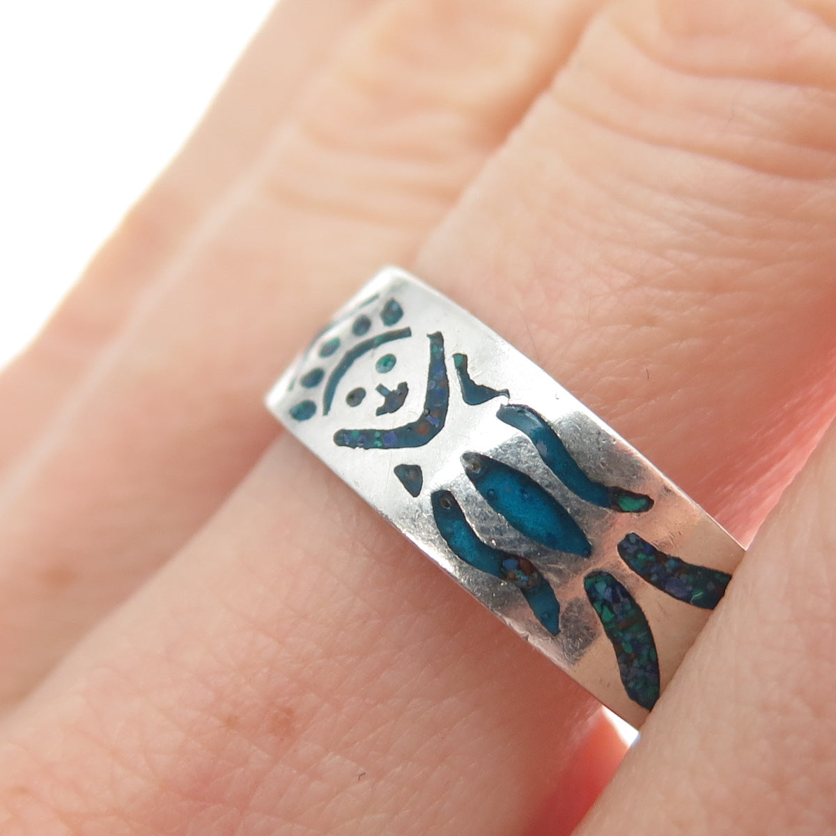 925 Sterling Silver Vintage Real Turquoise Inlay Skull Oxidized Ring Size 11.25
