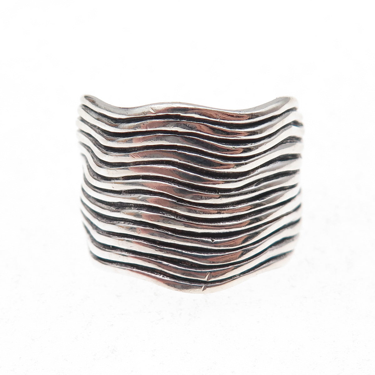 925 Sterling Silver Vintage Modernist Wavy Oxidized Ring Size 8.75