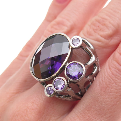 925 Sterling Silver Vintage Purple C Z Modernist Oxidized Ring Size 9.25