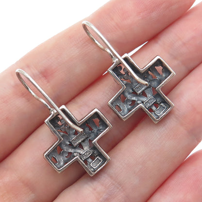 SX SALLY C 925 Sterling Silver Vintage Ornate Cross Oxidized Dangle Earrings