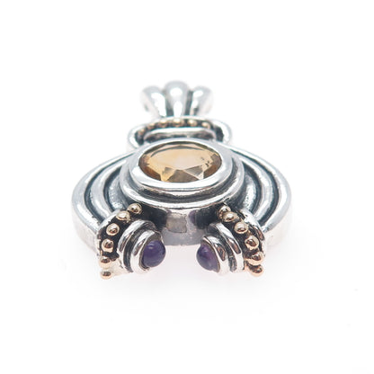 14K Gold 925 Sterling Silver Vintage Real Citrine & Amethyst Modernist Pendant