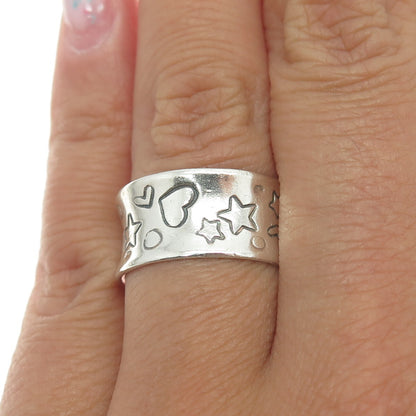 AWS JEWELRY 925 Sterling Silver Vintage Hearts & Stars Band Ring Size 6.5