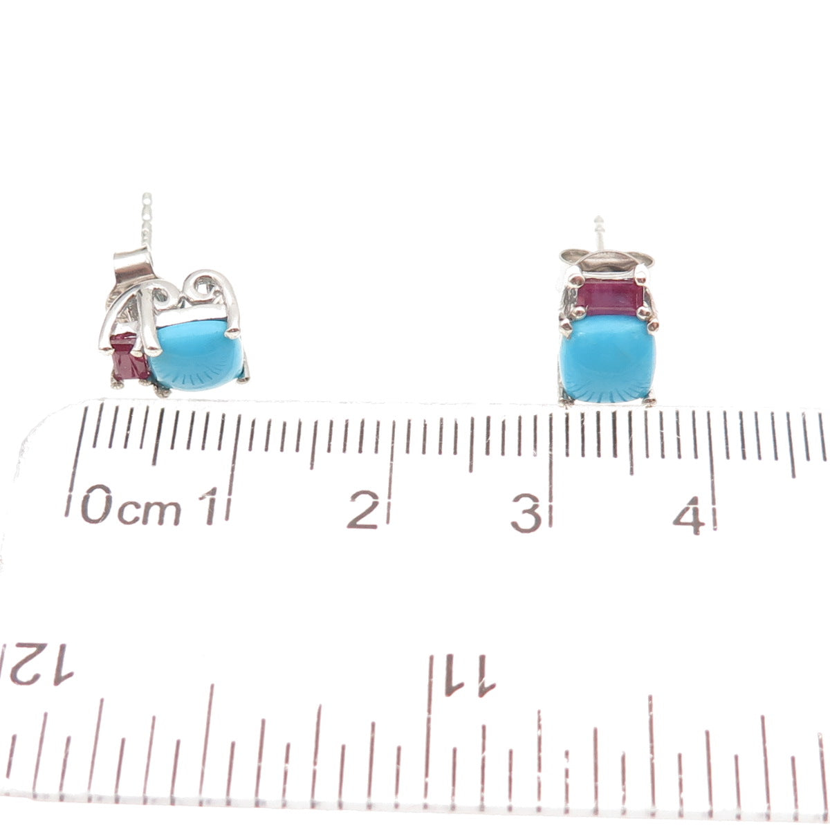 Chuck Clemency 925 Sterling Silver Real Turquoise & Ruby Stud Earrings