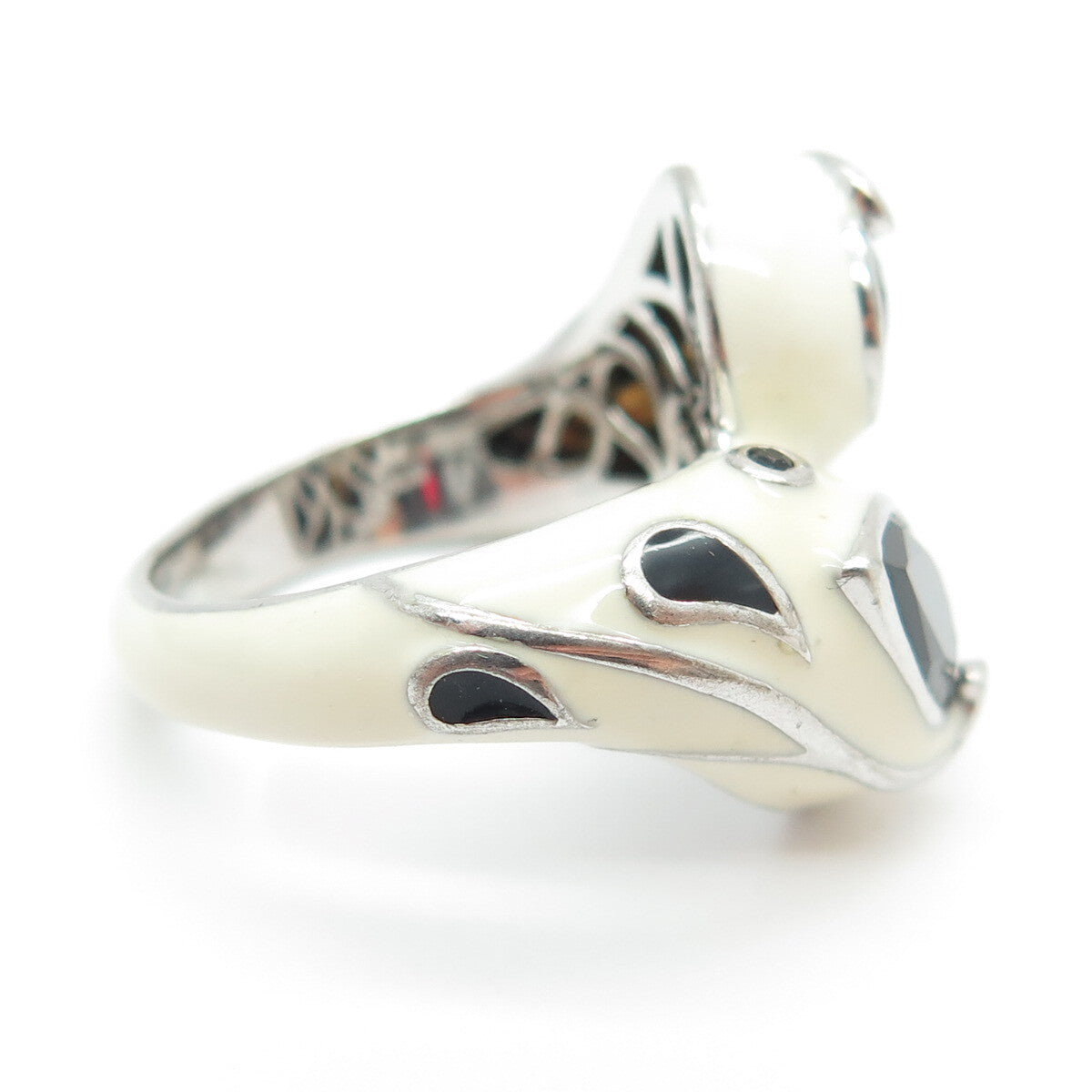 EMA 925 Sterling Silver Enamel & Black Spinel Modernist Bypass Ring Size 8