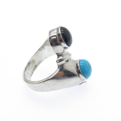 925 Sterling Silver Vintage Mexico Real Turquoise & Black Onyx Ring Size 7.5