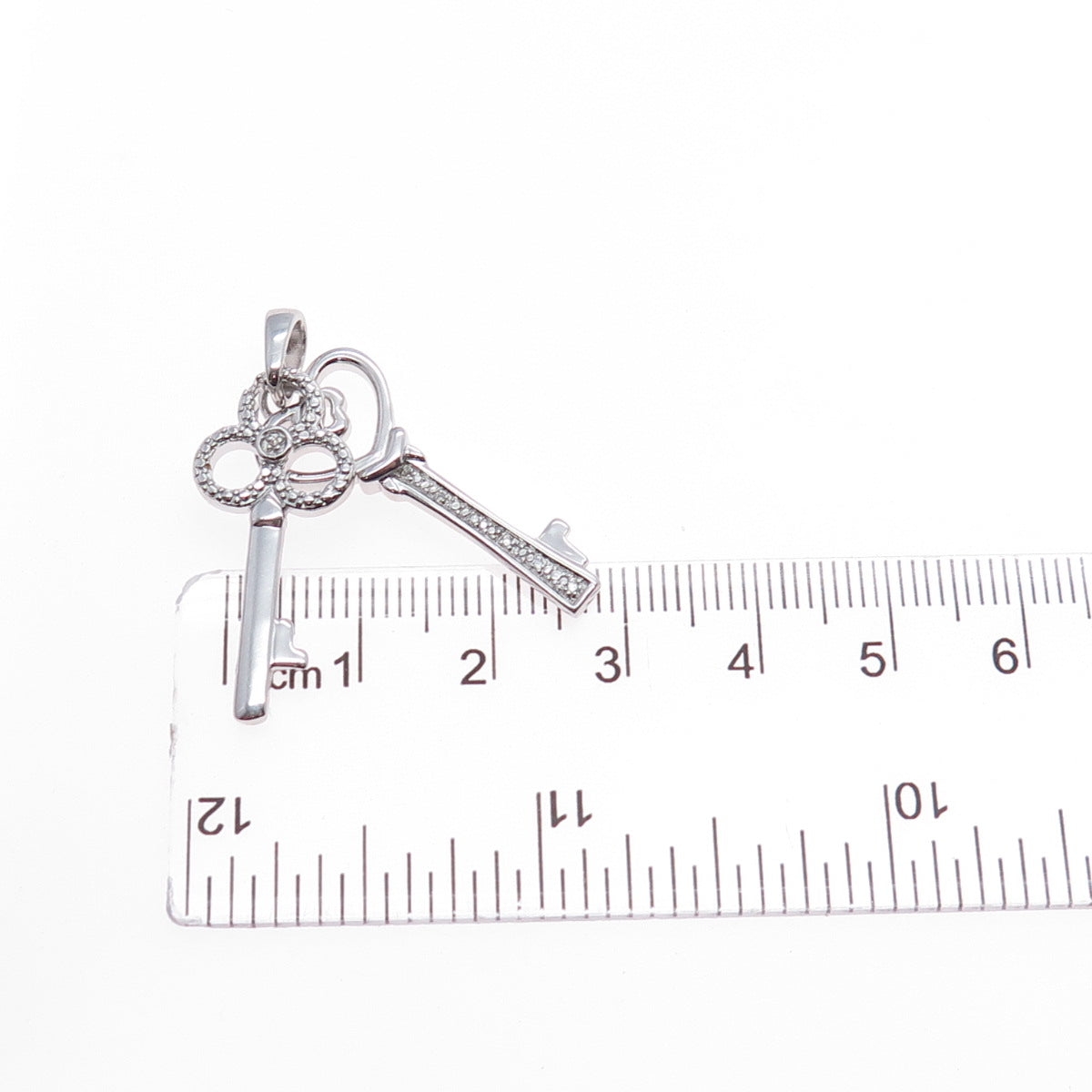 925 Sterling Silver Real Round-Cut Diamond Heart & Club Key Charm Pendant