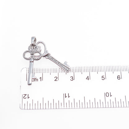 925 Sterling Silver Real Round-Cut Diamond Heart & Club Key Charm Pendant