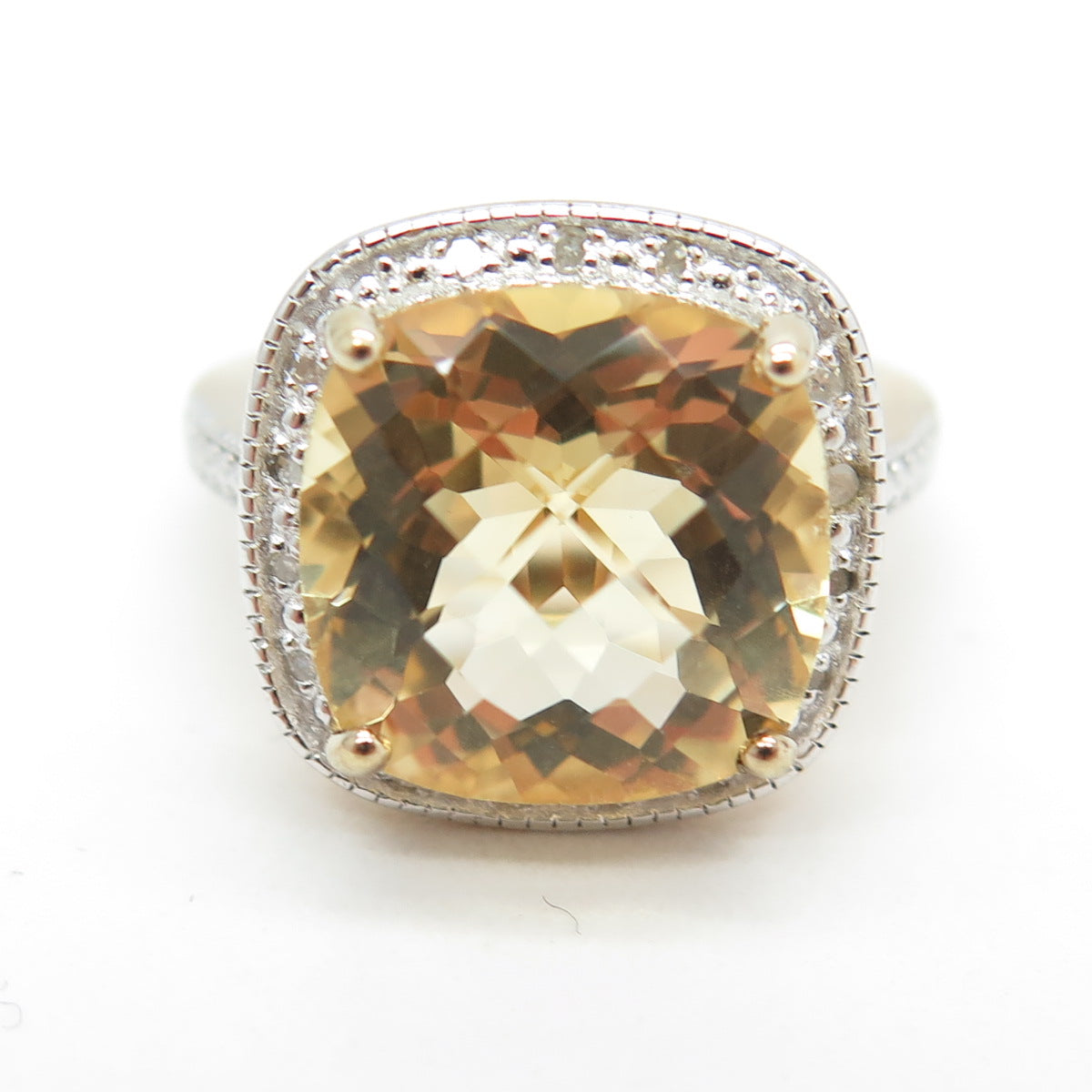 925 Sterling Silver 2-Tone Real White Diamond & Citrine Gemstone Ring Size 7