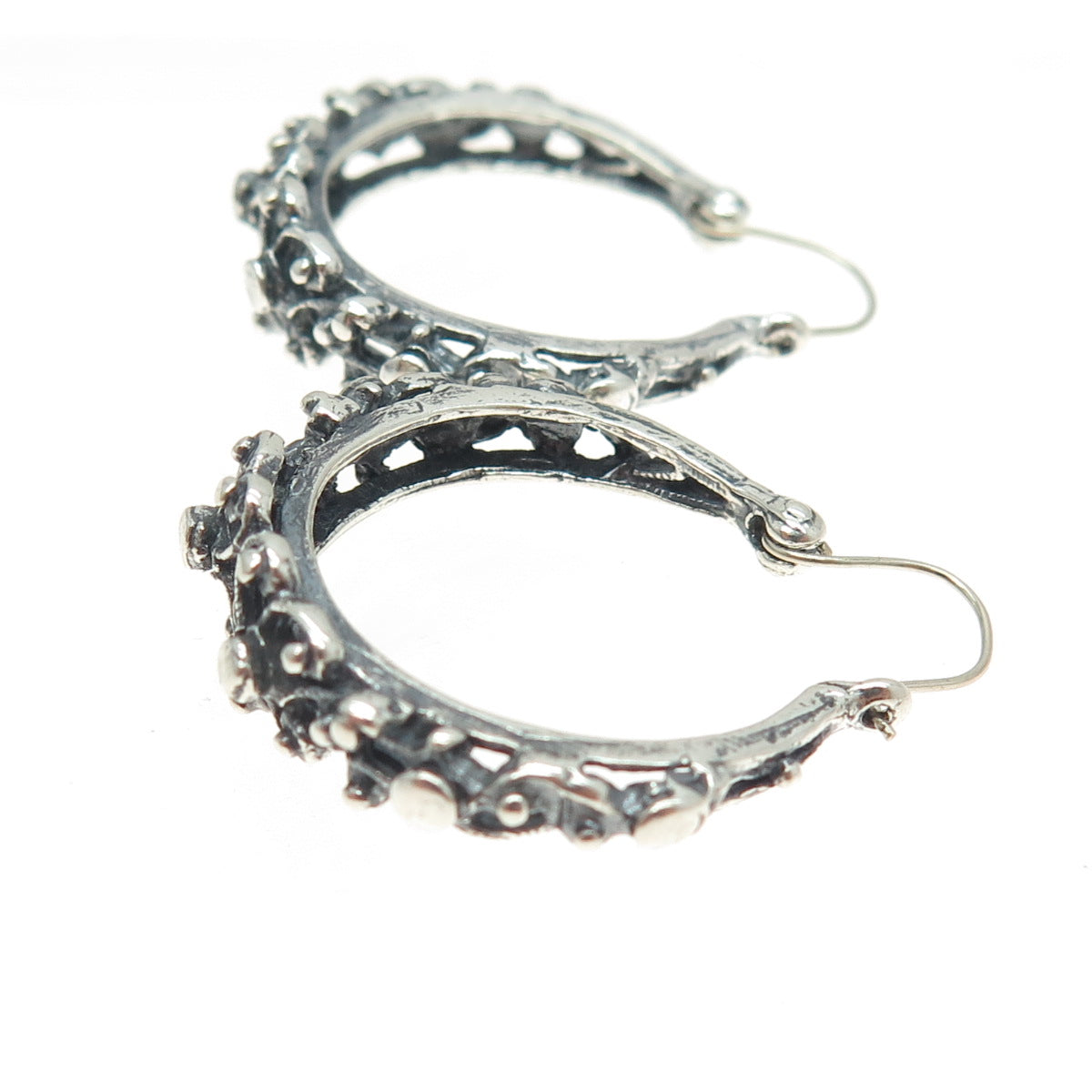 925 Sterling Silver Vintage Floral Oxidized Hoop Earrings