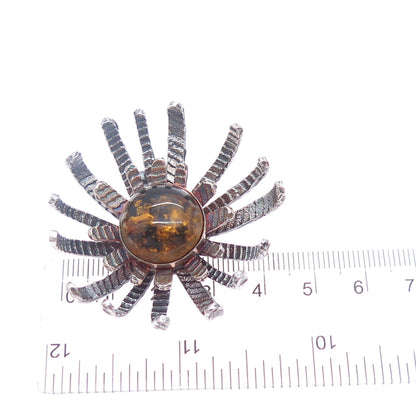 ENNY Sterling Silver Vintage Real Amber Modernist Flower Oxidized Slide Pendant