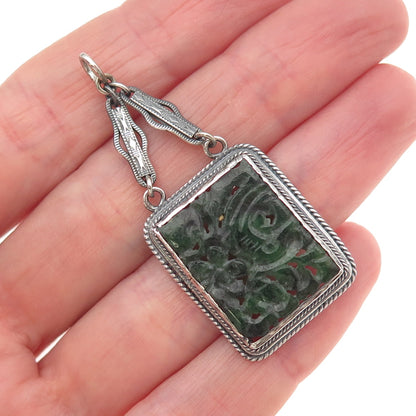 925 Sterling Silver Antique Art Deco Real Jade Carved Floral Chatelaine Pendant