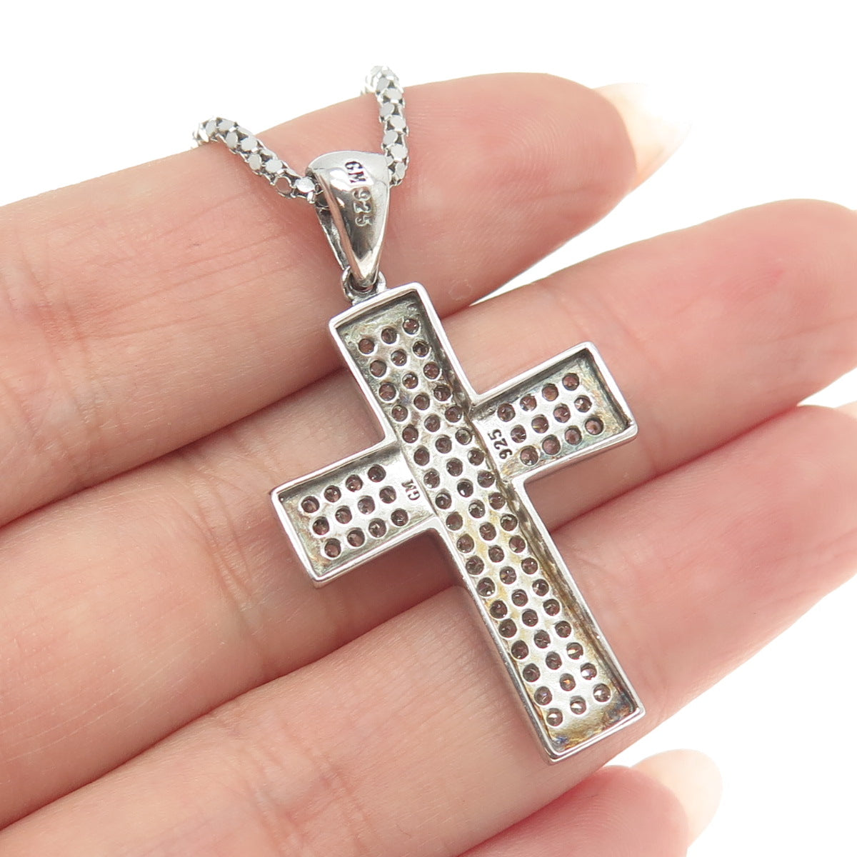 925 Sterling Silver Italy Pave C Z Cross Pendant Popcorn Chain Necklace 16"