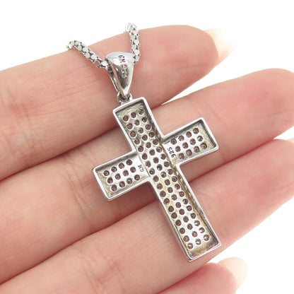 925 Sterling Silver Italy Pave C Z Cross Pendant Popcorn Chain Necklace 16"