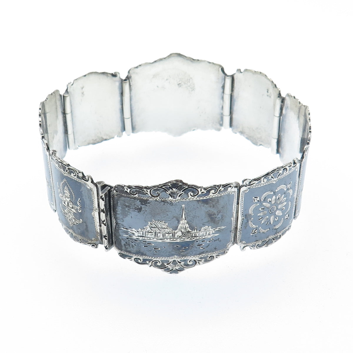 THAI NAKON 925 Sterling Silver Antique Siam Niello Hindu Oxidized Bracelet 7"