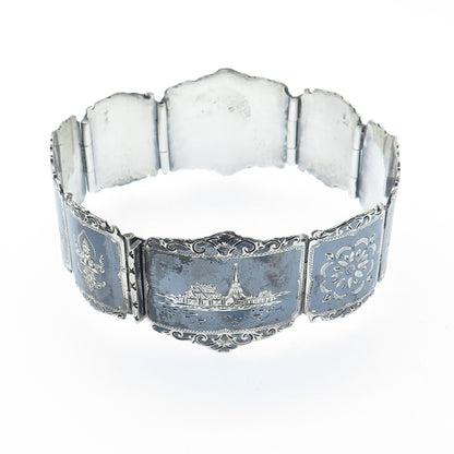 THAI NAKON 925 Sterling Silver Antique Siam Niello Hindu Oxidized Bracelet 7"