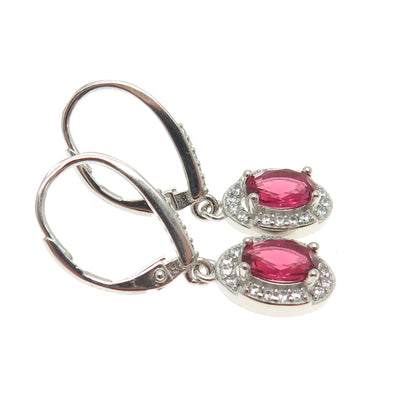 925 Sterling Silver Pink Oval-Cut & White Round-Cut Shaped C Z Dangle Earrings