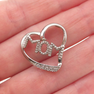 925 Sterling Silver Real Round-Cut Diamond Mom Heart Mini Slide Charm Pendant