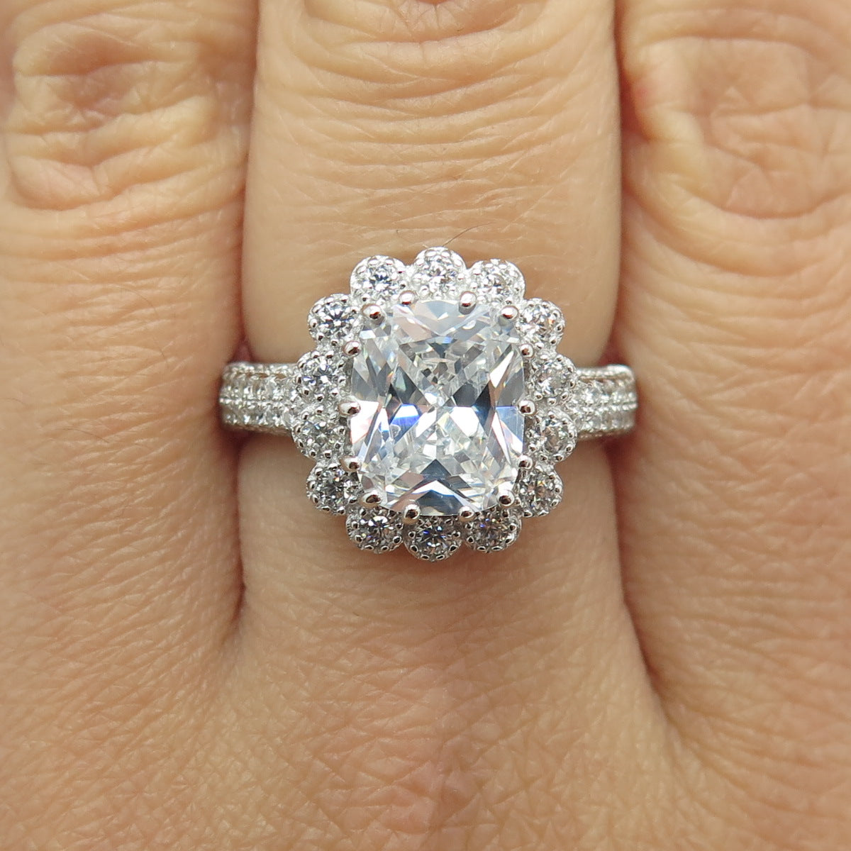 925 Sterling Silver Real Cushion & Round-Cut C Z Ring Size 8.25