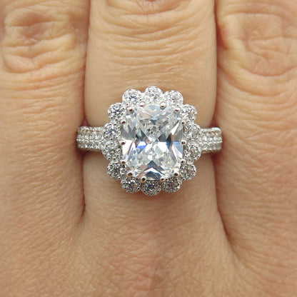 925 Sterling Silver Real Cushion & Round-Cut C Z Ring Size 8.25