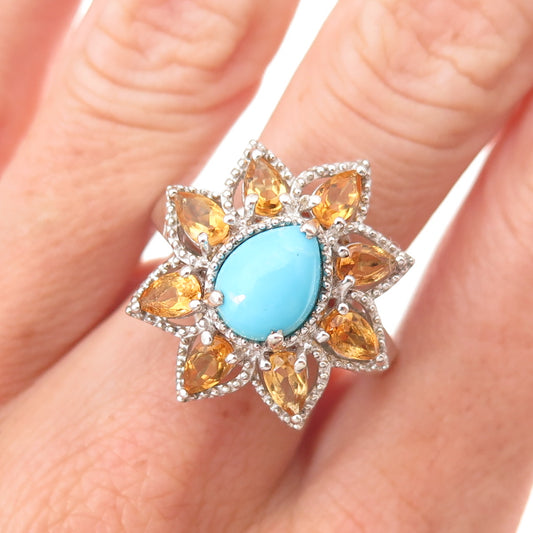 Chuck Clemency 925 Sterling Silver Real Turquoise & Citrine Floral Ring Size 8