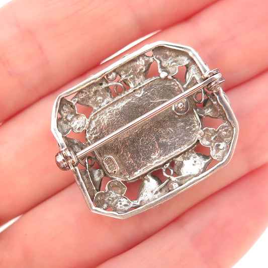 925 Sterling Silver Vintage Real Black Onyx Floral Oxidized Pin Brooch