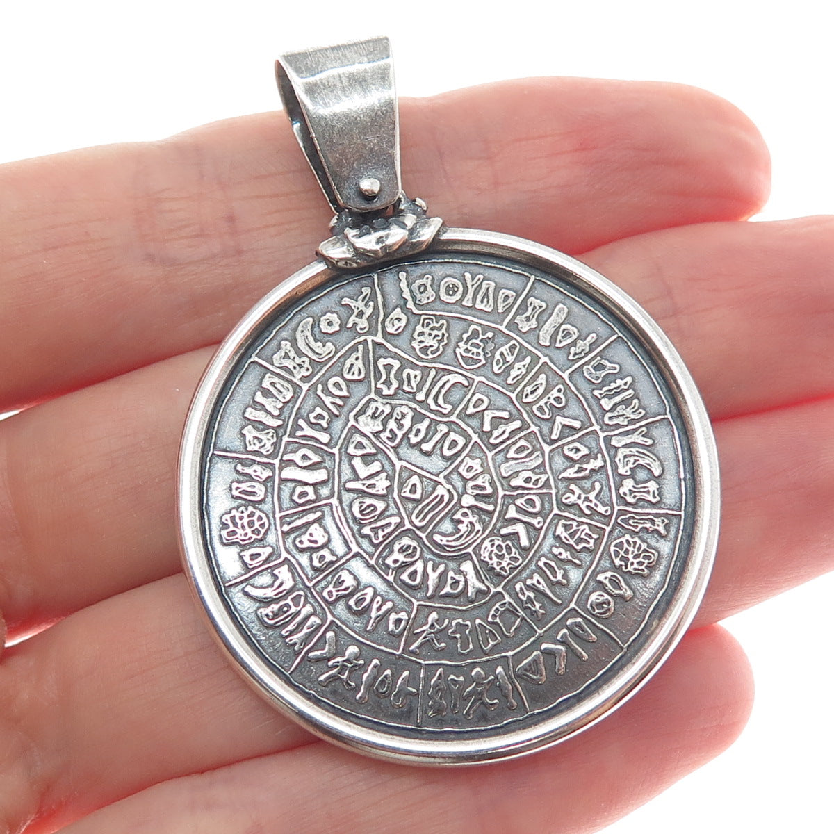 925 Sterling Silver Vintage Phaistos Disc Oxidized Pendant