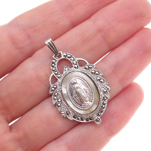 925 Sterling Silver Antique Art Deco Real MOP & Marcasite St. Mary Charm Pendant