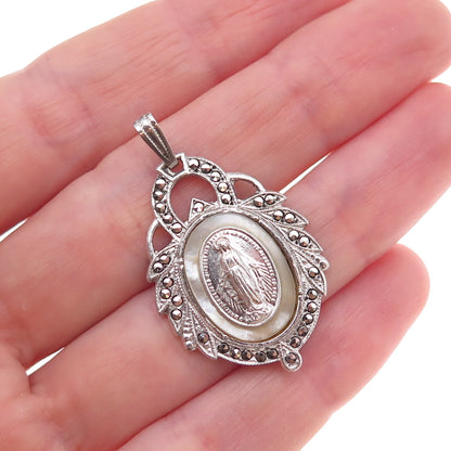 925 Sterling Silver Antique Art Deco Real MOP & Marcasite St. Mary Charm Pendant