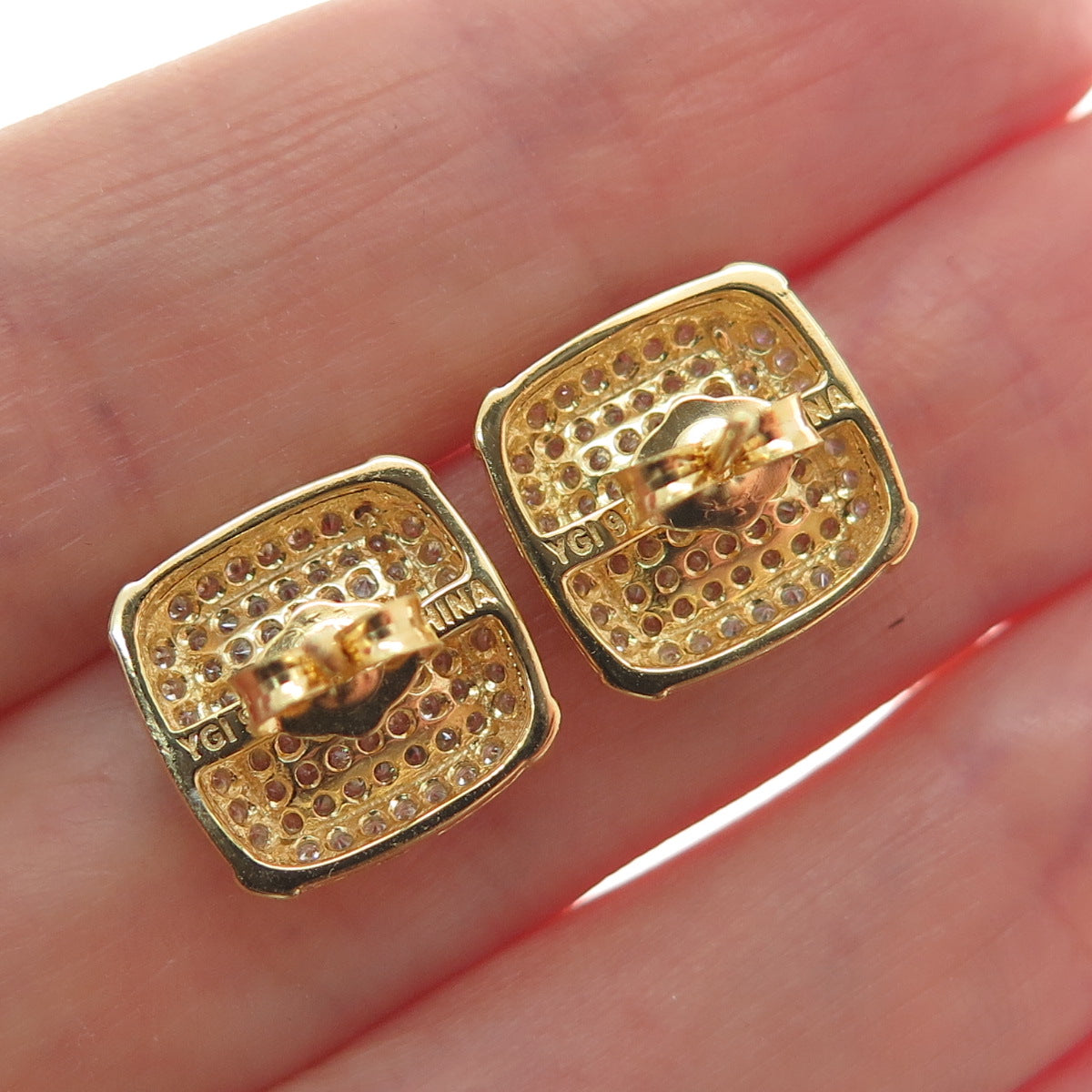 925 Sterling Silver Gold Plated Round-Cut C Z Cushion Stud Earrings