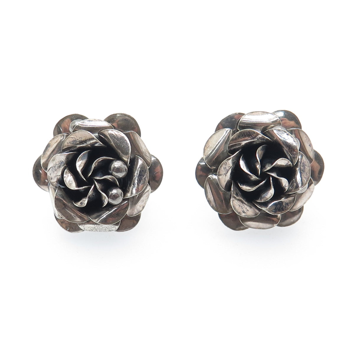 925 Sterling Silver Vintage Modernist Rose Flower Oxidized Screw Back Earrings