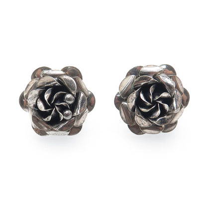 925 Sterling Silver Vintage Modernist Rose Flower Oxidized Screw Back Earrings