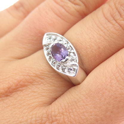 925 Sterling Silver Real Amethyst & White Topaz Evil's Eye Ring Size 7.25
