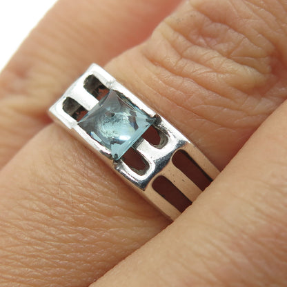 925 Sterling Silver Vintage Real Aquamarine Gemstone Modernist Ring Size 7