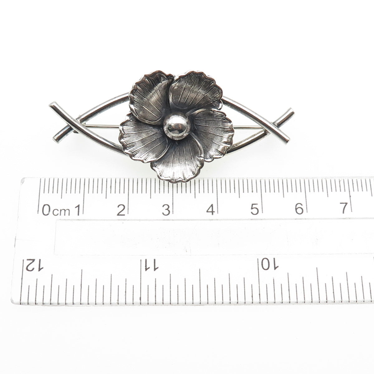BEAU 925 Sterling Silver Antique Art Deco Flower Blossom Oxidized Pin Brooch