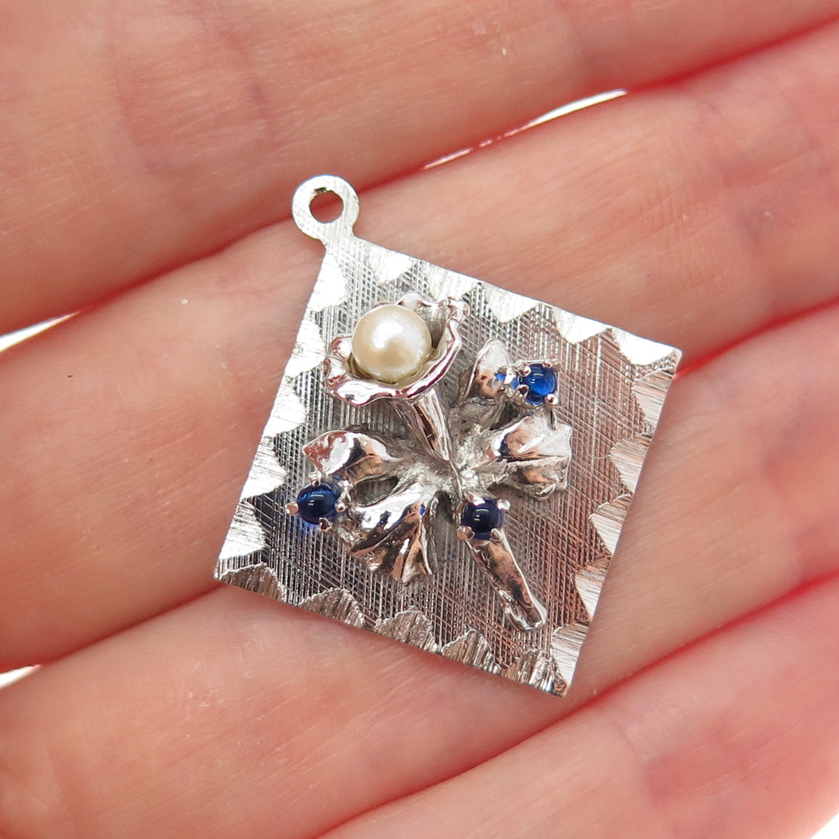 M&M MARK MERCY Sterling Vintage Rhinestone Real Pearl Flower Engraved Pendant