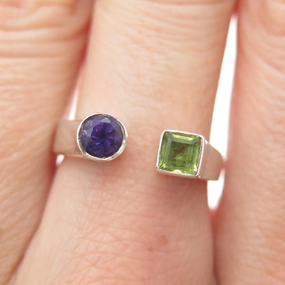 925 Sterling Silver Vintage Real Peridot & Amethyst Adjustable Ring Size 6.75