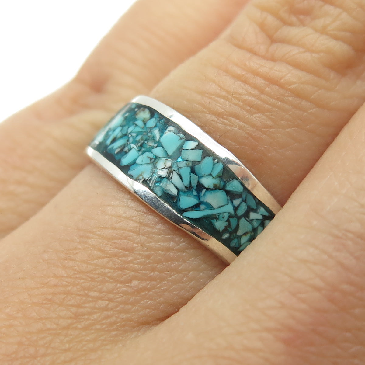 Old Pawn 925 Sterling Silver Vintage Turquoise Inlay Tribal Band Ring Size 7